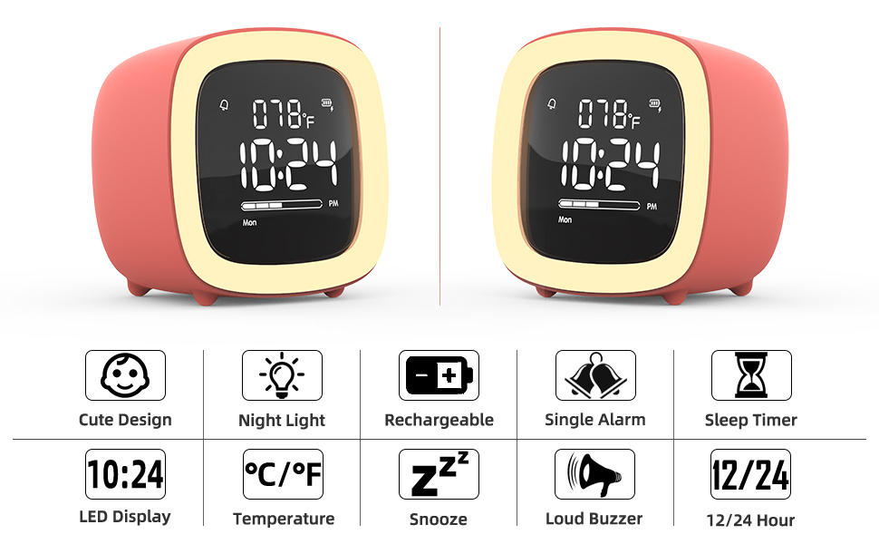 Kids Alarm Clock, CuteTV Night Light Alarm Clock for Kids, Girls, Children, Bedroom
