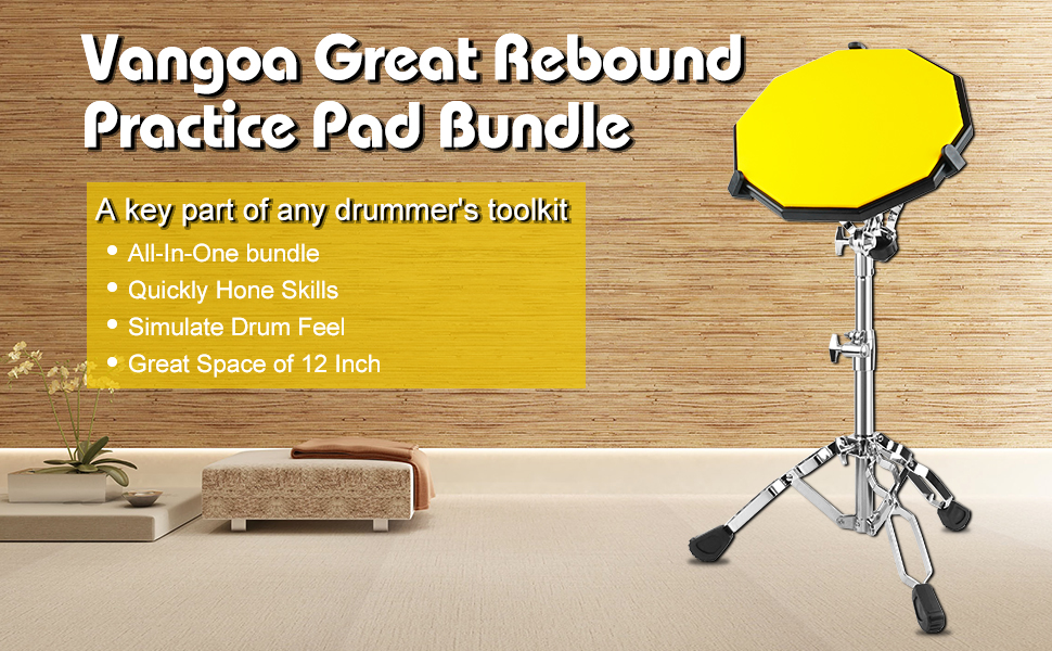 Vangoa Drum Practice Pad Set with Adjustable Snare Stand 12 Inch
