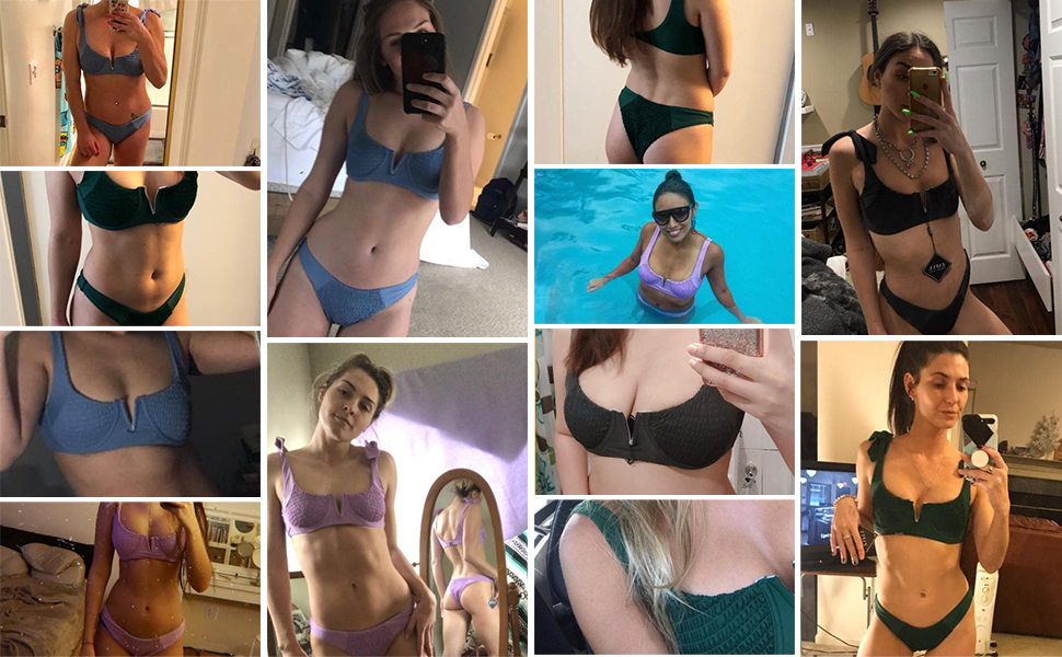 zaful womens smocked tie shoulder bikini set shirred