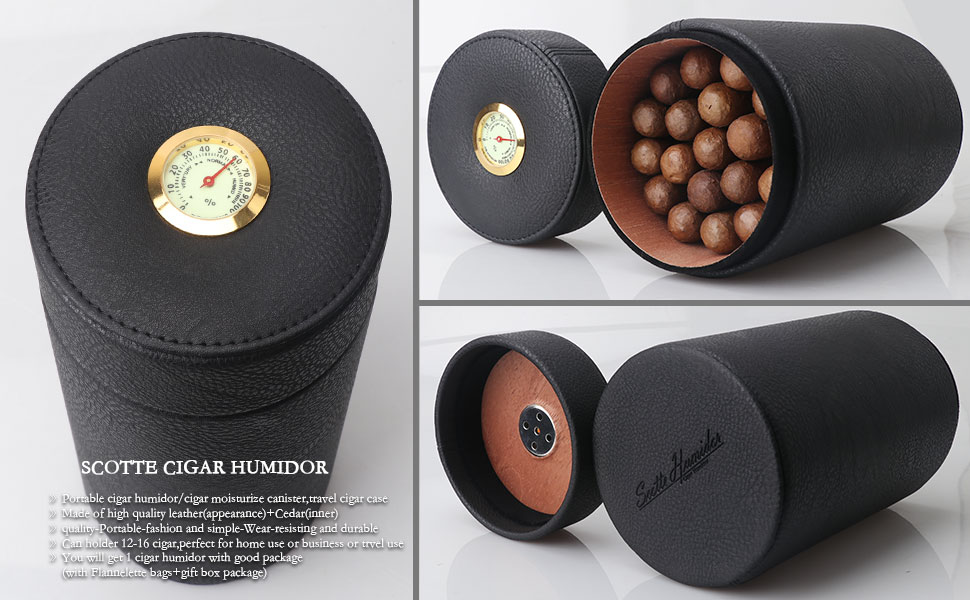 Scotte Cigar humidor case/jar,Leather Cedar Wood Cigar Canister Portable for 1216 Cigar (Black