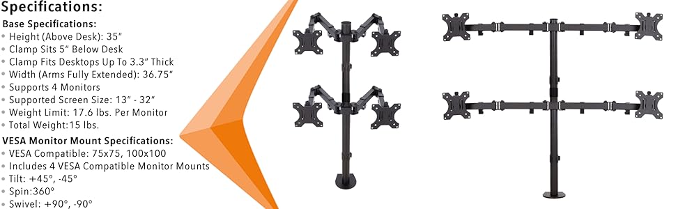 Four Arm Monitor Mount Screens Desk converter standing desk tv VESA mounts office computers monitors