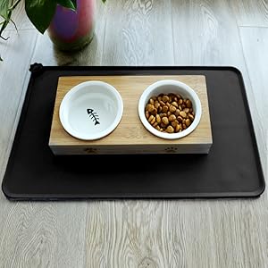 cat feed mat with elevated cat bowls