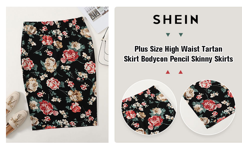 SheIn Women's Plus Size High Waist Tartan Skirt Bodycon Pencil Skinny Skirts