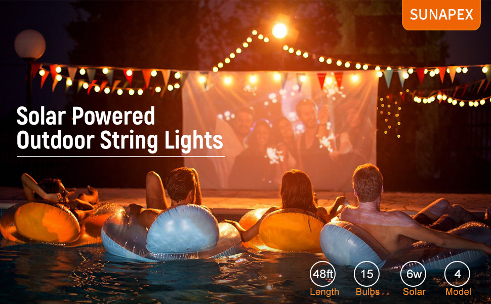 SUNAPEX 48FT Solar String Lights Outdoor Shatterproof Vintage Edison