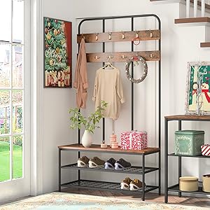 Großer Garderobenständer, Kleiderständer Mit Schuhregal, Garderobe Mit 12 Haken Und Sitzfläche, Sitzbank, Viel Stauraum, Für Flur, Schlafzimmer, Industriesti, 100 X 35,5 X 182 Cm, HOOBRO EBF05MT01 15 EBF05MT01
