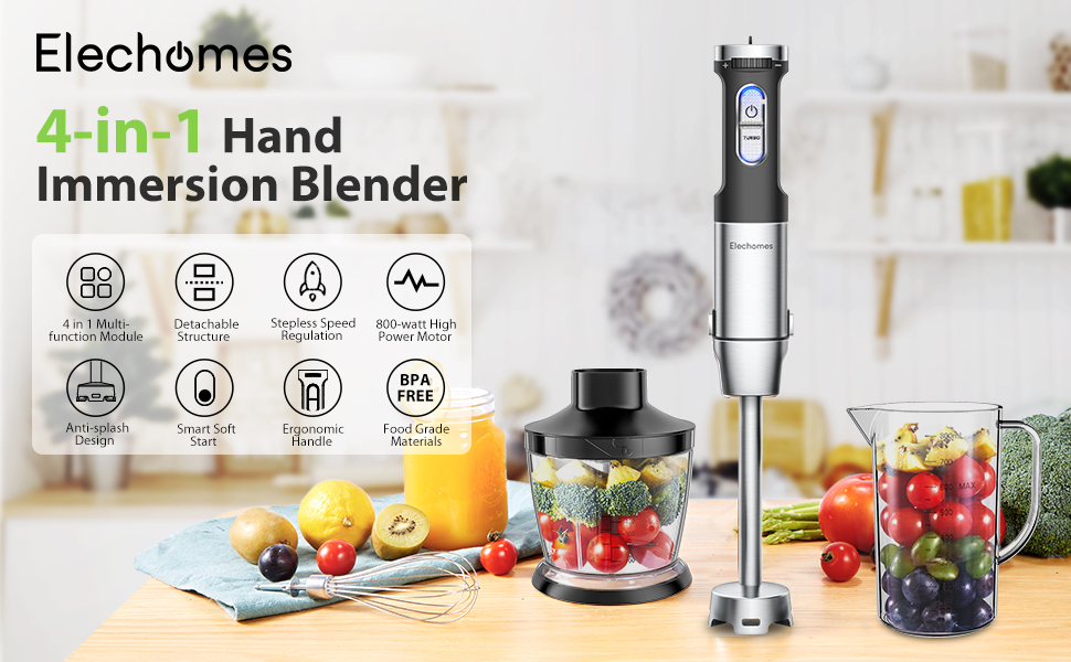 Elechomes 4in1 Hand Blender Set, 800 W Purée Rod Stainless Steel Set