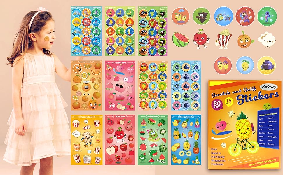 HORIECHALY Scratch and Sniff Stickers, 80 Sheets Scented Stickers,16