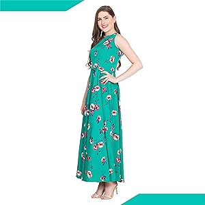 B08FHCRS2F RUDRAKRITI Women Crepe Green Floral Flared Dress with Free mask SPN FOR-1