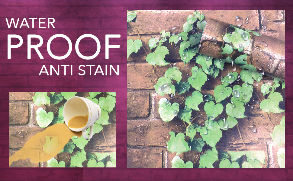 3d faux brown brick leaf green plant wallpapers are anti stain, oil proof, waterproof