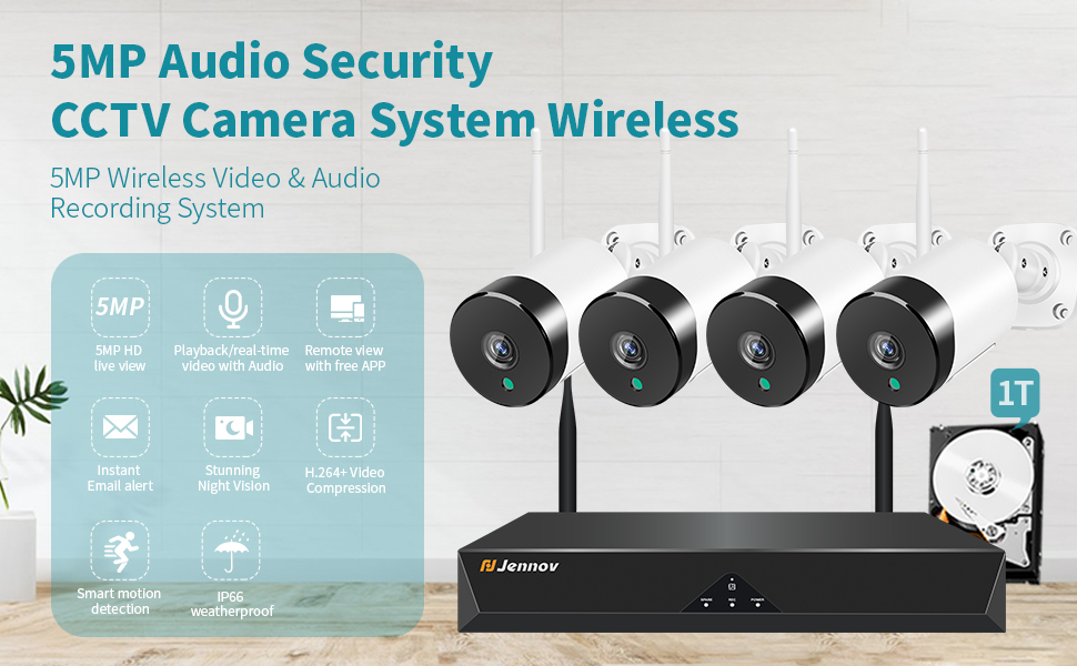 Jennov 5MP Wireless CCTV Camera Systems, 4CH AntiNoise Audio Security