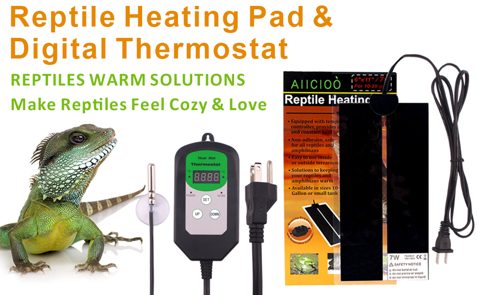 Aiicioo Upgrade Reptile Heat Mat with Thermostat Adhesive Removable Under Tank