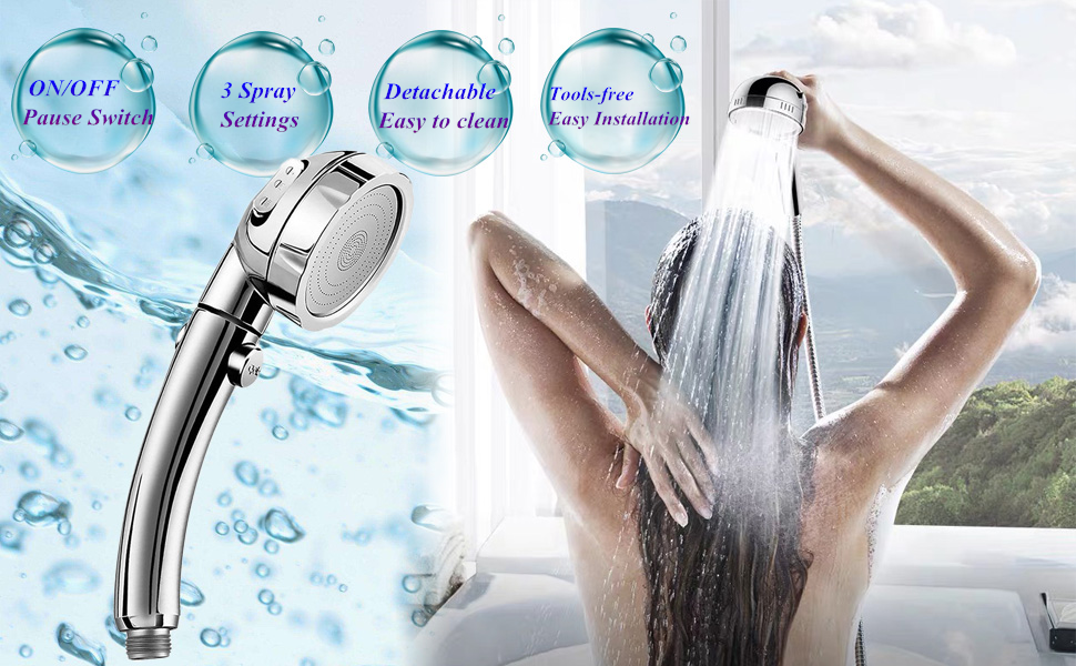 OrchidBest Shower Head with ON/OFF Pause Switch 3 Spray Settings