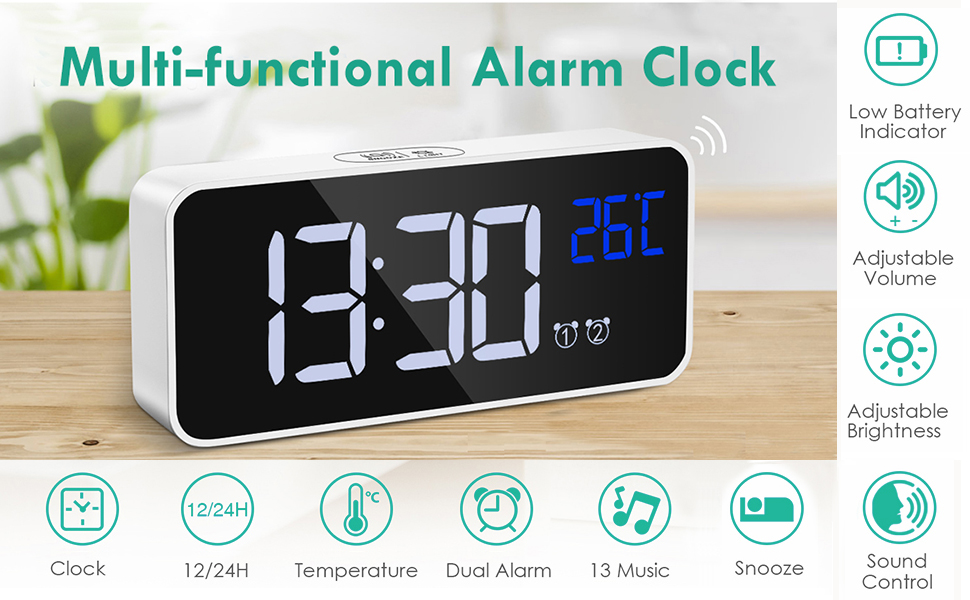 ORIA Digital Alarm Clock, Mirror LED Music Digital Clock, Voice Control