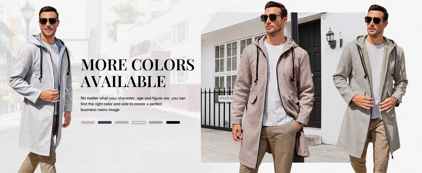 ZIWOCH Mens Trench Coat Wool Blend Hoodie Long Jacket Full
