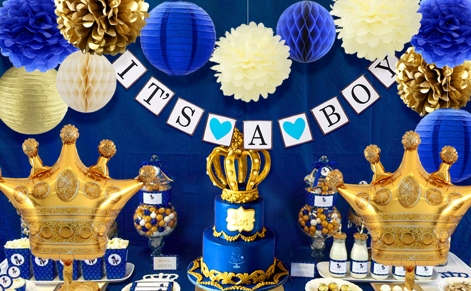 Amazon Com Joymemo Navy Blue Baby Shower Decorations Royal Prince