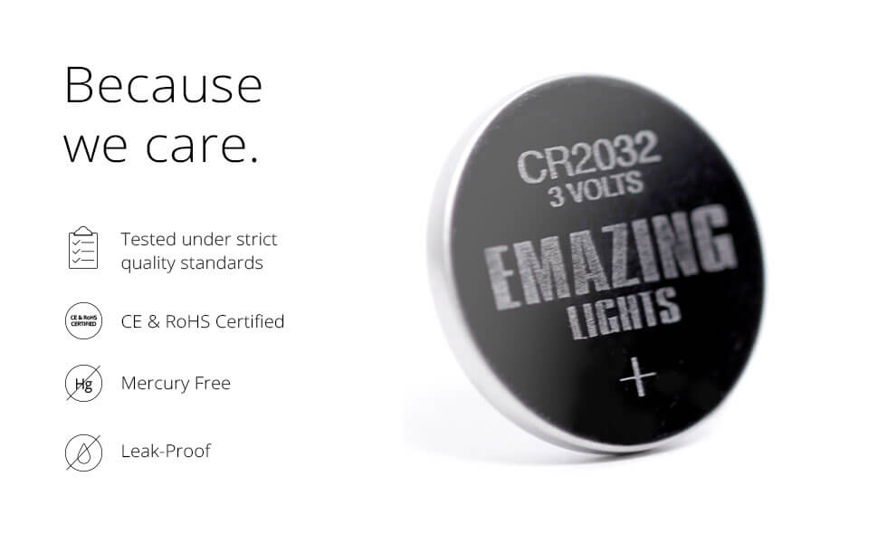 EmazingLights CR2032 3 Volt Battery Packs rohs certified mercury free leak proof