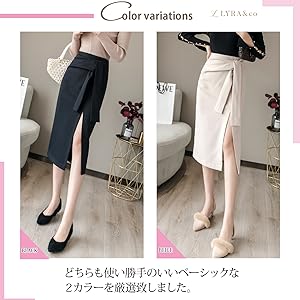 タイト スカート スリット ストレッチ リボン 付き ベルト ひざ丈 厚手 秋 冬 春 かわいい おしゃれ ゆったり OL フォーマル パーティ ミモレ 丈 ひざ丈 ロング プリーツ ベージュ 黒