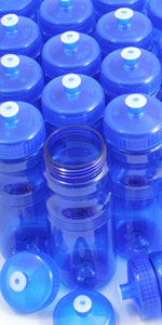 Bulk set of 100 BPA-free plastic water bottles. Assorted colors. Shown in Blue.