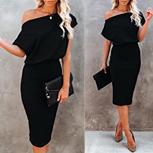 Women's Off The Shoulder Short Sleeve Hips-Wrapped Bodycon Casual Summer Cocktail Dress
