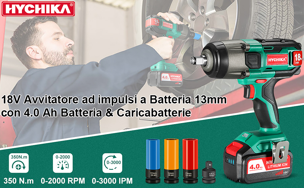 Avvitatore Ad Impulsi 18V, HYCHIKA 350Nm Avvitatori A Massa Battente 3000 IPM, 4.0Ah Batteria 18V, 3x Chiavi A Bussola Per 17/19/21mm, Caricatore Rapido, Mandrino 13mm (1/2), Con Valigetta Rigida 10 Avvitatore ad Impulsi