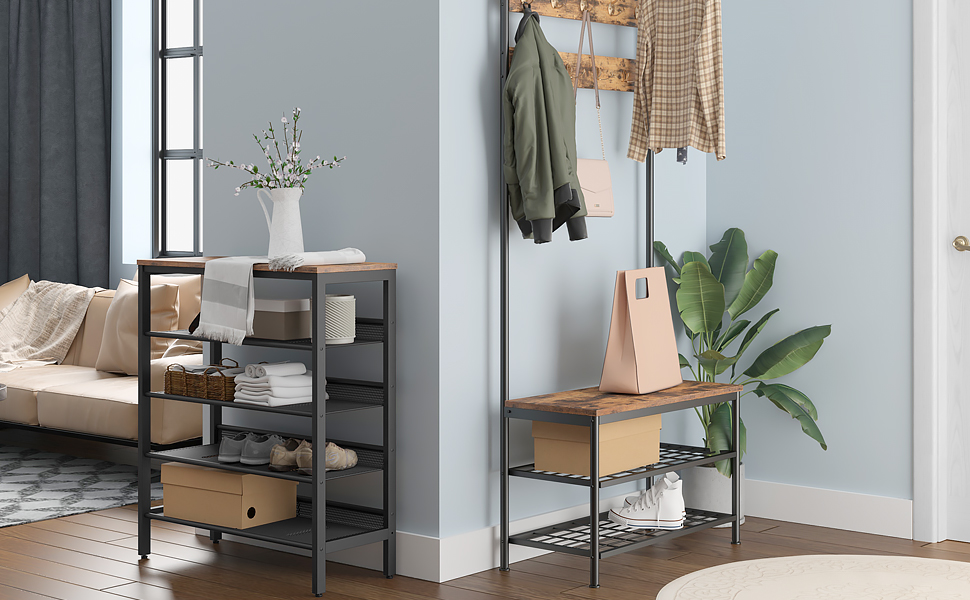 Schuhregal, 5-lagiges Schuhablage, Verstellbares Schuhbank, Flach Und Neigbar, Langlebig Und Stabil, Metall, Eingang, Korridor, Industrieraum, HOOBRO 75 X 30 X 85,1 Cm EBF01XJ01 13 EBF01XJ01