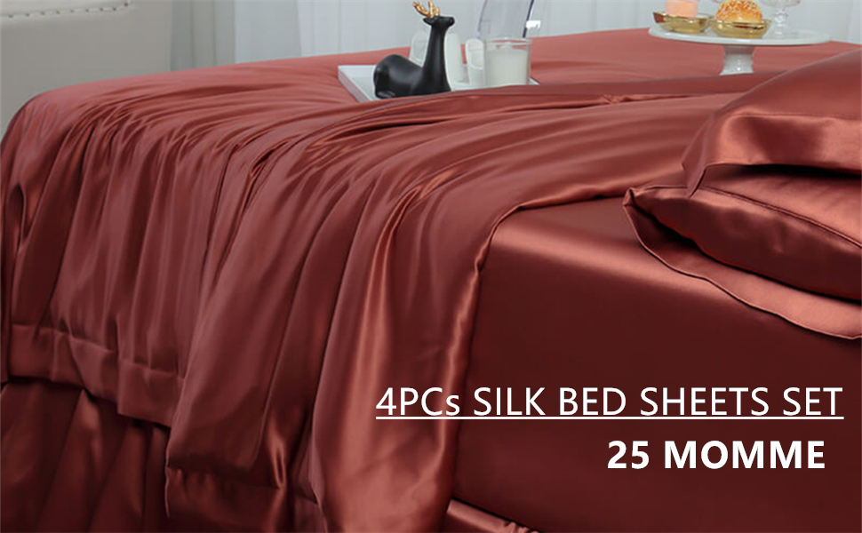 Orose 4Pcs 25MM Silk Sheets Set 100 Charmeuse Mulberry Silk Bed Sheet Set,Seamless,Thick, Heavy
