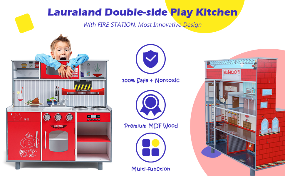 Amazon.com: Juego de cocina y estación de bomberos Lauraland 2 en 1, juguete de madera para cocinar, juego de cocina: Toys \u0026 Games