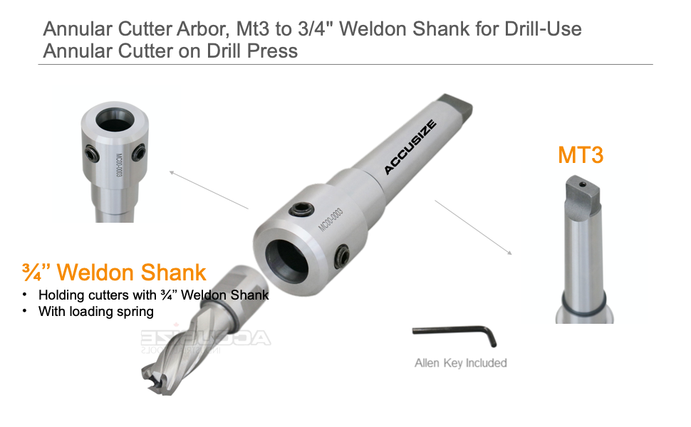 Accusize Industrial Tools Annular Cutter Arbor, Mt3 to 3/4'' Weldon Shank for Drill