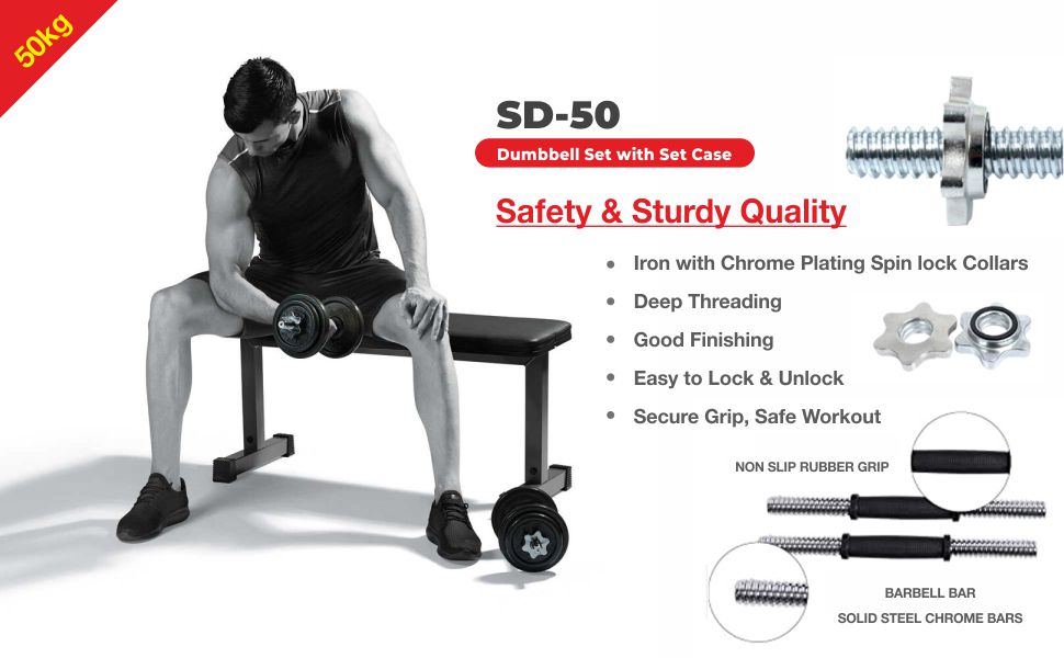 Sparnod Fitness 50kg Adjustable Dumbbell Set, Anti-slip Grip, Barbell rod & Carry Case