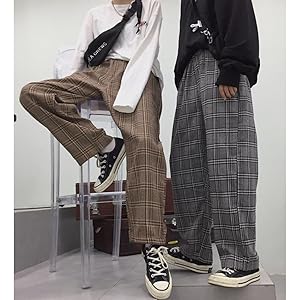 Amazon | [プハオ] メンズ ワイドパンツ チェック柄 ロングパンツ 春