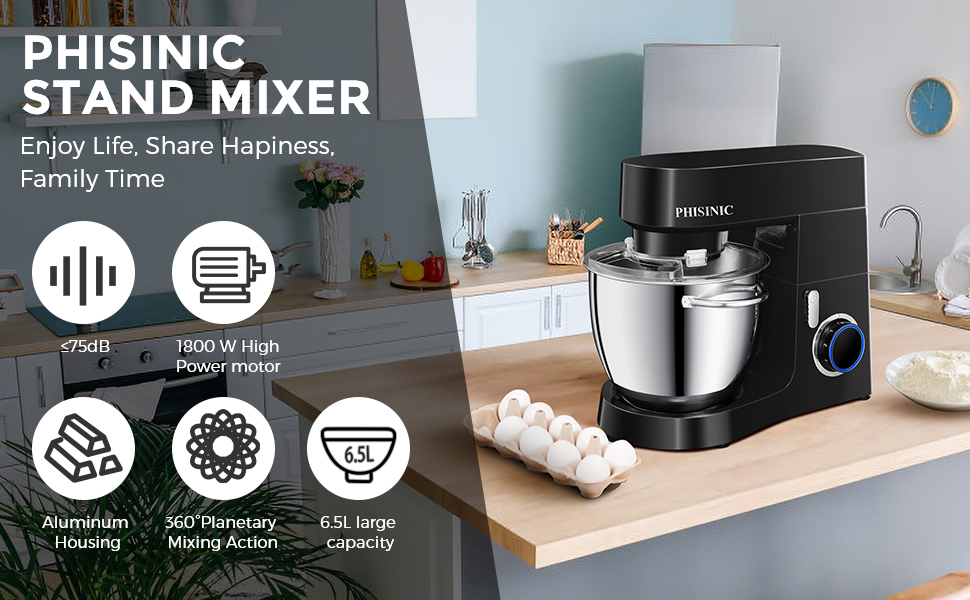 PHISINIC Stand Mixers for Baking, All Metal Food Mixer 6.5L 1800W