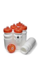 Set of 6 20oz BPA-free plastic water bottles. Assorted colors. Shown in White with Orange Lids