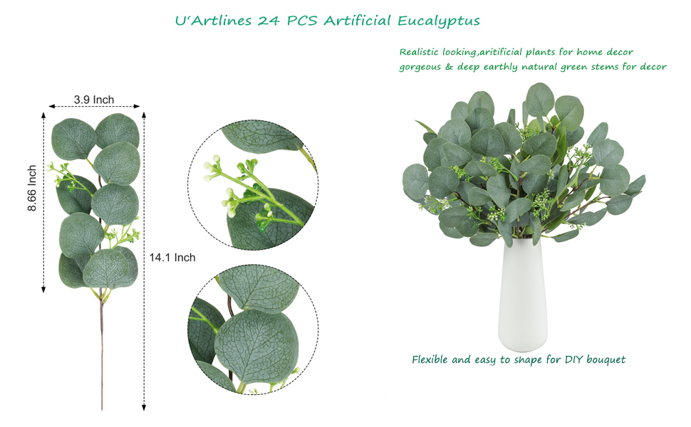 U'Artlines 24 Pcs Artificial Eucalyptus Leaves Stems Bulk Faux Greenery Stems Plant