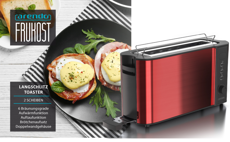 Arendo Toaster Langschlitz 2 Scheiben Defrost Funktion 1000W