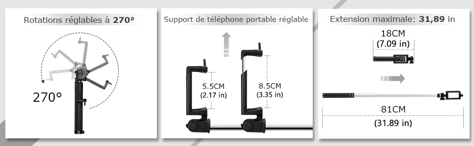 Mpow Perche Selfie Bluetooth, Ultra-Léger Mini Selfie Stick Monopode Extensiblede 31, 9 pouces