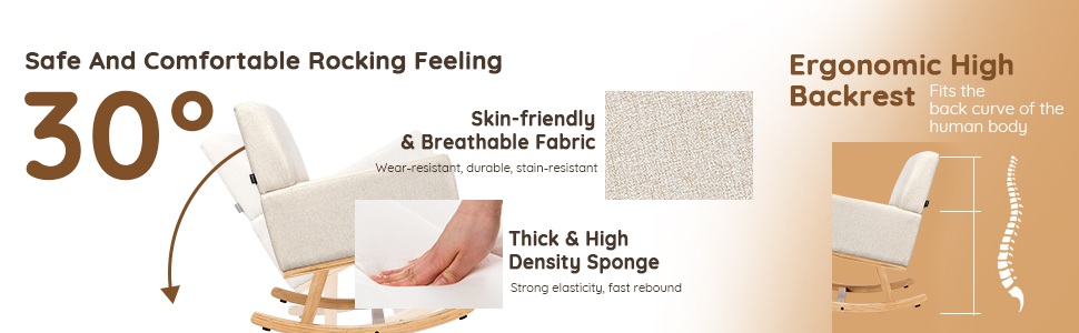 COSTWAY Relax Rocking Chair, Fabric Upholstered Single Sofa Armchair With Solid Wood Legs, Modern Padded Leisure Rocker Chairs For Home Living Room Bedroom (Beige) 14 y