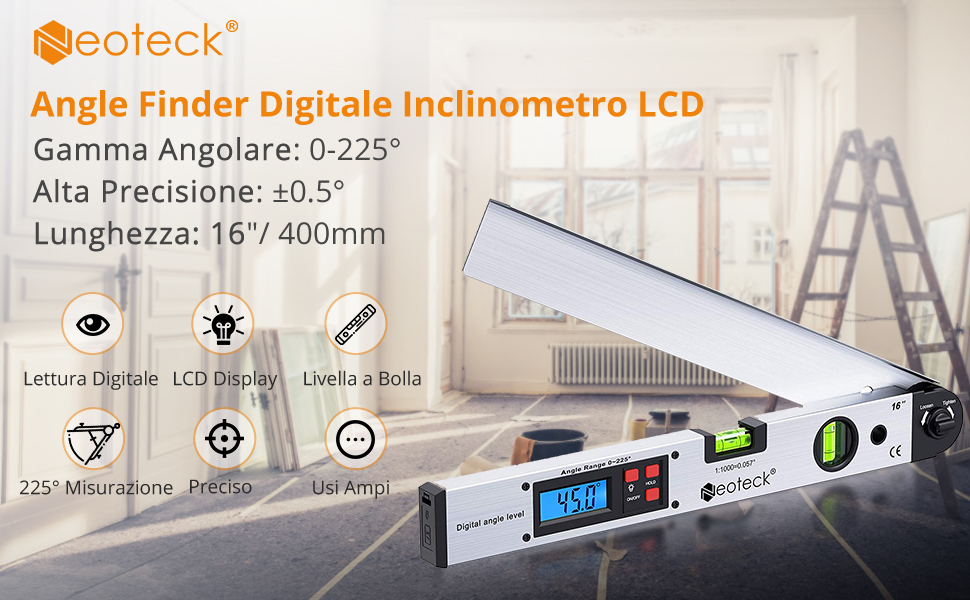 Neoteck 400mm/16 inch 0225° Angle Finder Digitale Inclinometro LCD