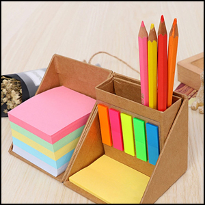 Cube Style Foldable Sticky Memo Pads with Stationery Pen Holder - Brown