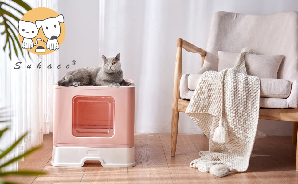 Pink Meikuler Cat Litter Box Large Litter Pan for Cats Foldable Litter
