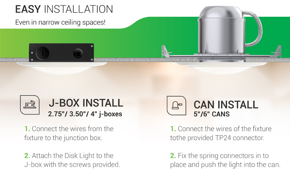 5/6 Inch Flush Mount Disk LED Downlight, Dimmable, Junction Box, Recessed Retrofit Ceiling Fixture