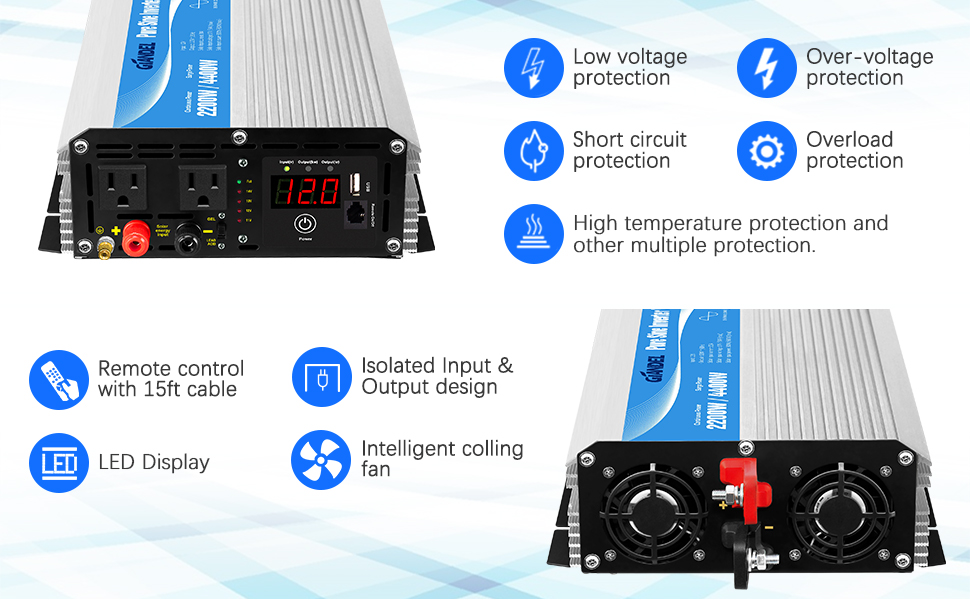 GIANDEL 2200W Pure Sine Wave Power Inverter 12V DC to 120V AC with 20A
