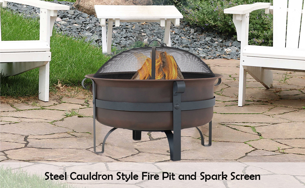 Sunnydaze Large Bronze Cauldron Outdoor Fire Pit Bowl Round Wood