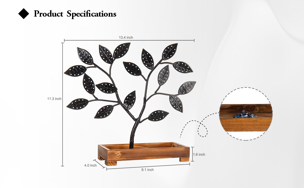 Black Metal Jewelry Tree, Earring Necklace Hanger with Wooden Tray Holder