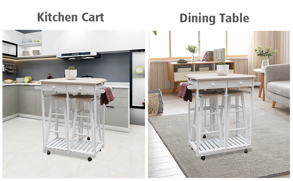 SSLine 3PCS Wood Dining Table Set with 2 Stools Drop Leaf
