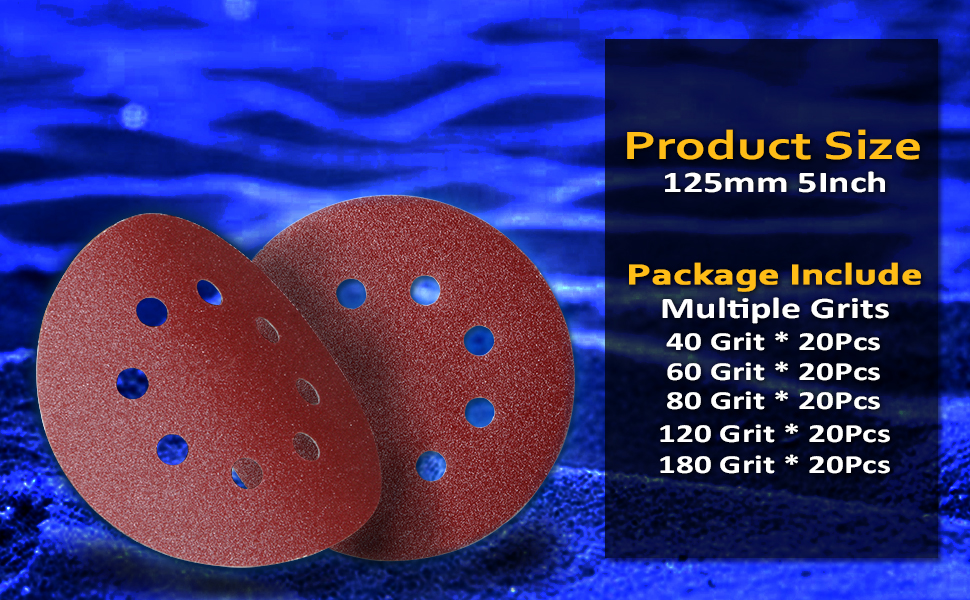 100pcs 5 inch Sanding Discs Hook and Loop, (8 Hole Orbital Sander