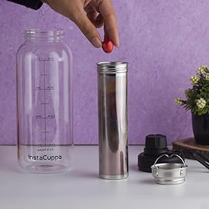 InstaCuppa BPA Free Borosilicate Glass Infuser Water Bottle 1000 ML, Full Length Steel Infusion Unit