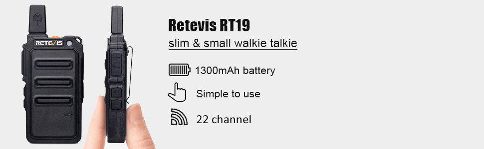 RT19 small Walkie Talkies have 1300 mAh battery,22channel,easy using and so on.
