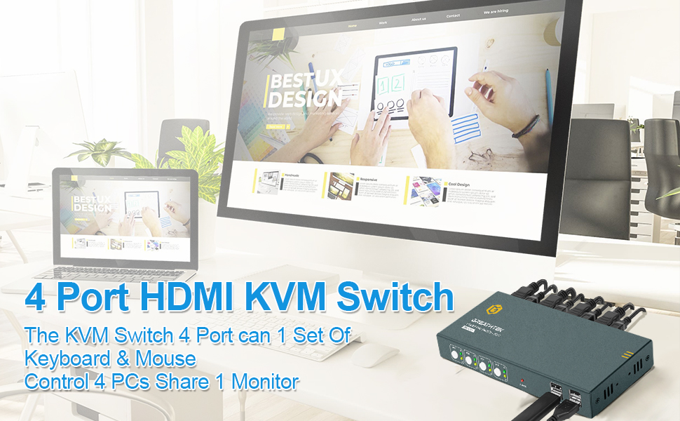 GREATHTEK HDMI KVM Switch 4 Port, 4K60Hz, USB 2.0, HDMI2.0, HDCP2.2
