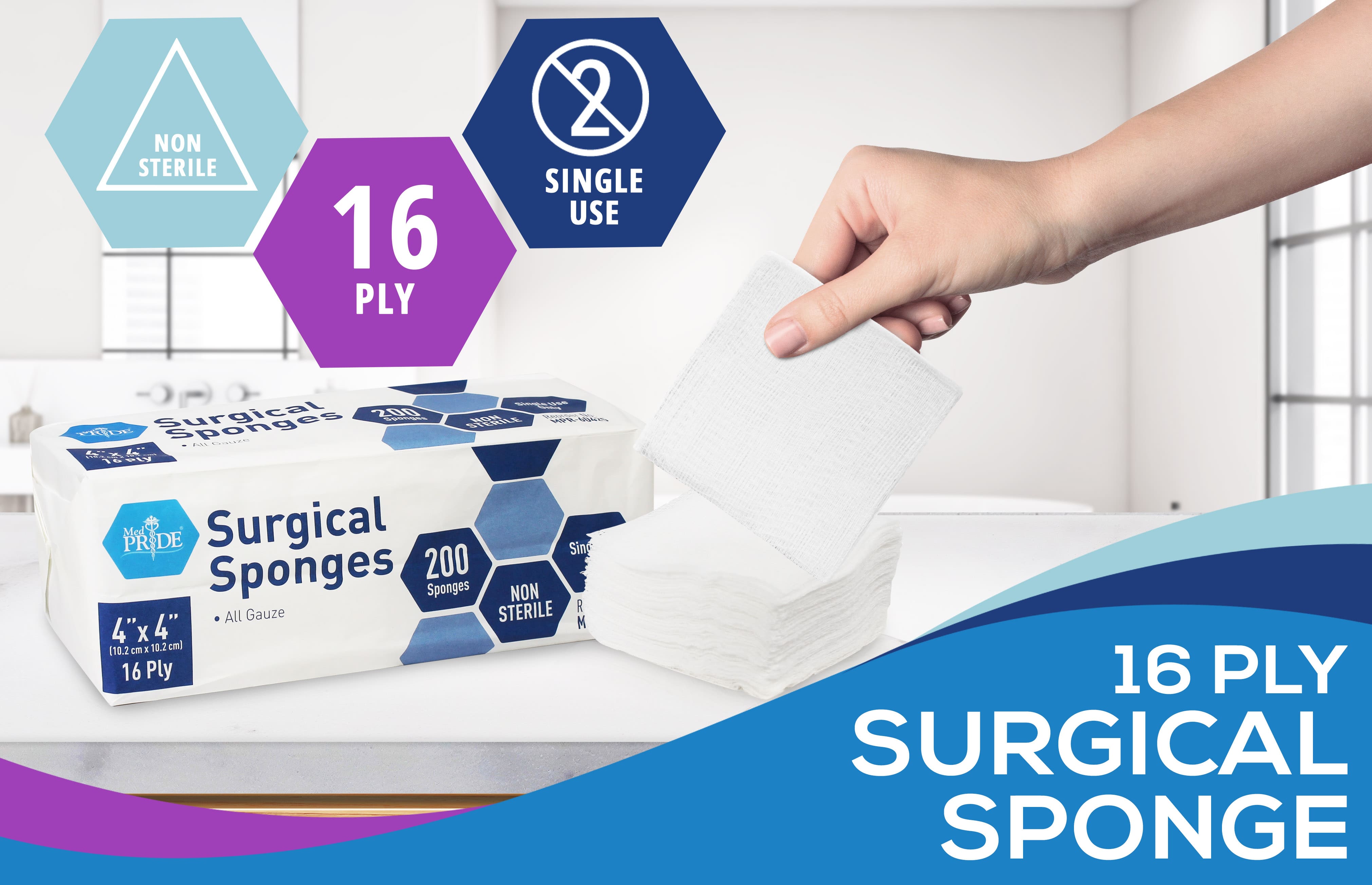 MED PRIDE Surgical Gauze Sponges,4 x 4 in,Non-Sterile,200-Count Pack (4x4 16 Ply)