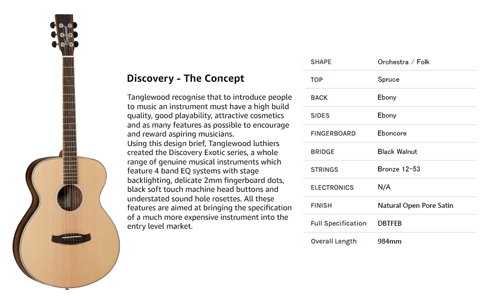 Tanglewood Discovery Exotic TW DBT FEB Acoustic Guitar, 6 Strings, Folk, Natural Open Pore Satin Finish, Ebony Back 2 SPN-UGL